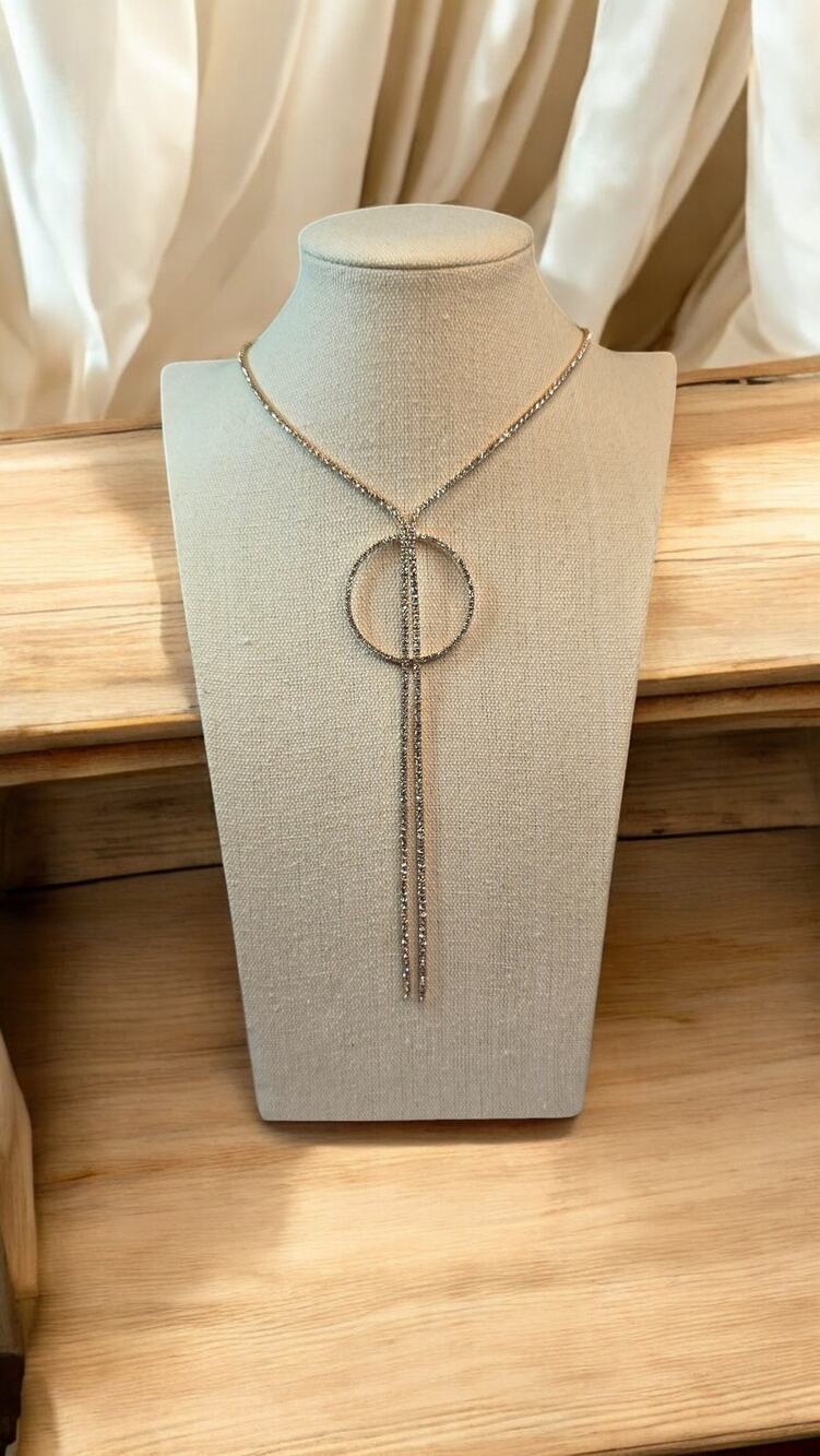 Crystal Rhinestones Gold Circle Y Dangle Tassel Necklace